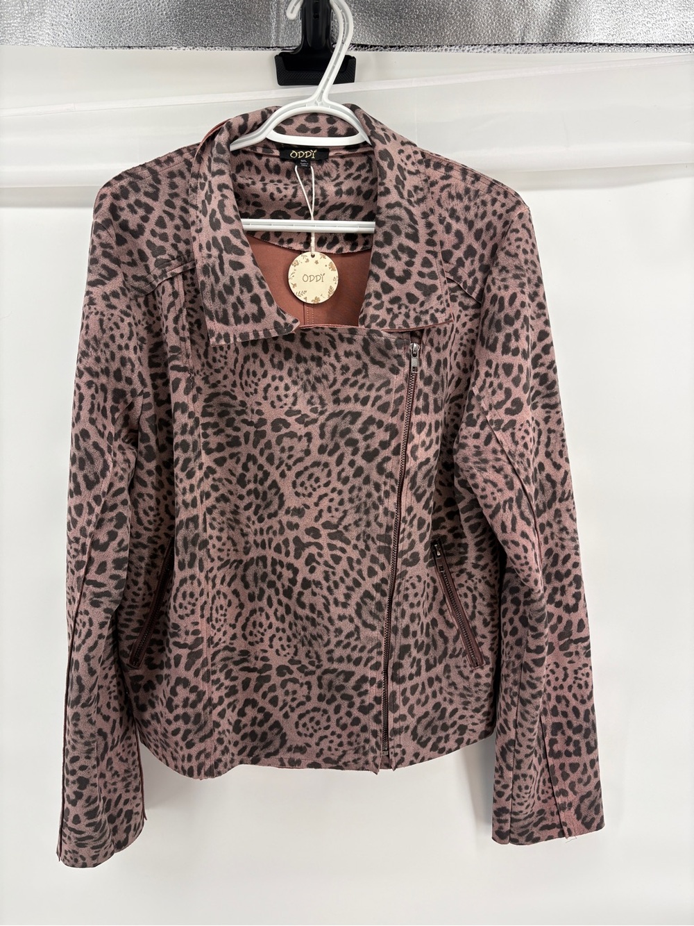NWT ODDI Women’s Leopard Print Moto Jacket Blush Pink Black Zip Front Medium